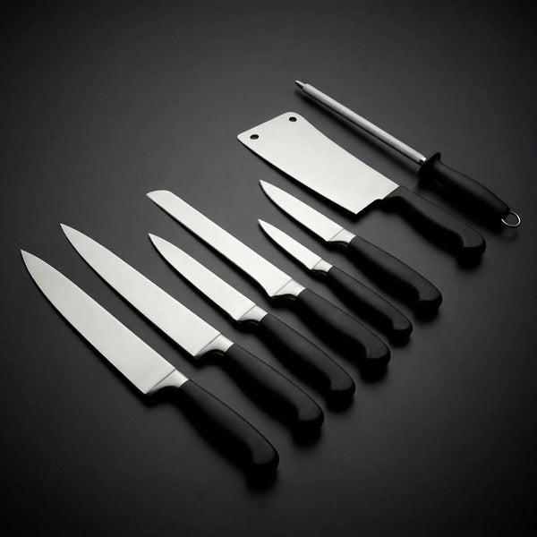 Juego De Cuchillos Cheff 10" Y 8", Filetero 6", Rebanador 12", Mondador 3", Hacha 6" Y Chaira 12", Mangos De Plástico