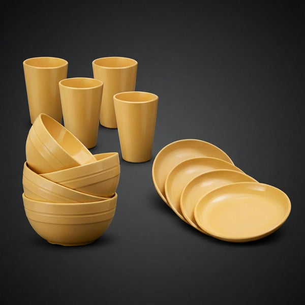Vajilla Melamina Amarilla (Tazon 280 Ml, Taza 200 Ml, Vaso 150 Ml, Vaso 200 Ml)